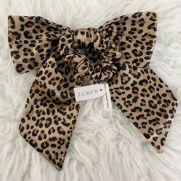 NWT J. Crew Satin Sand Leopard Brown Black Cream Elastic Scrunchie Bow Hair Tie - Picture 2 of 2